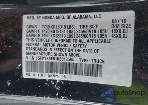 2019 Honda Ridgeline Rtl из США, поврежденный, VIN 5FPYK3F51KB013594